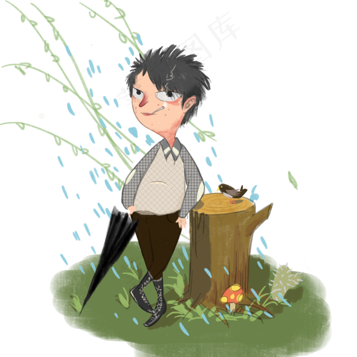 清明节云纷纷柳树飘手绘插画