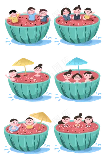 夏季炎炎夏日小孩们在西瓜里乘凉