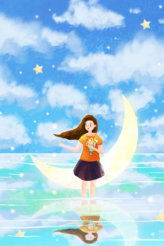 天空船月亮星星唯美治愈系风景