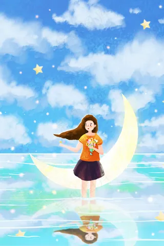 天空船月亮星星唯美治愈系风景