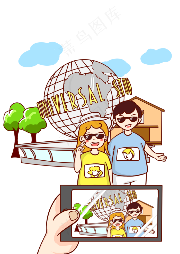 景点旅游打卡自拍人物插画,免抠元素