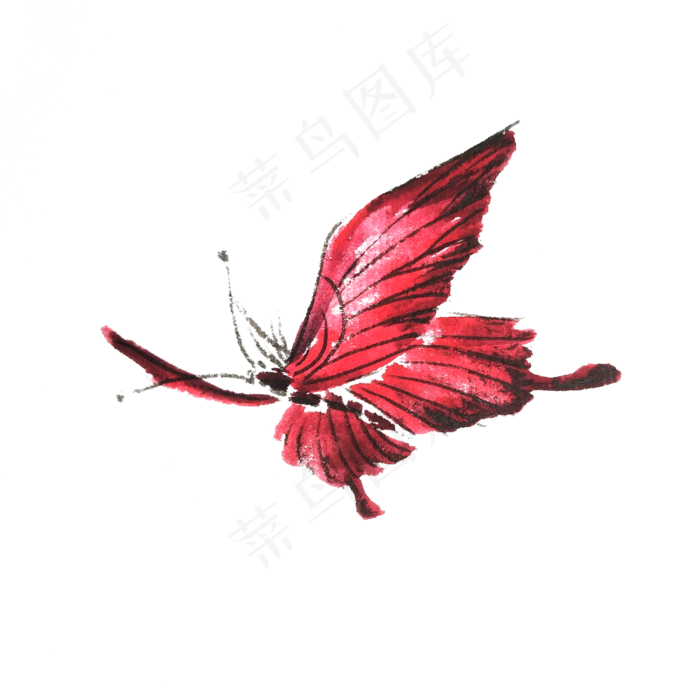 红色蝴蝶桃红翅膀水墨国画PNG,免抠元素