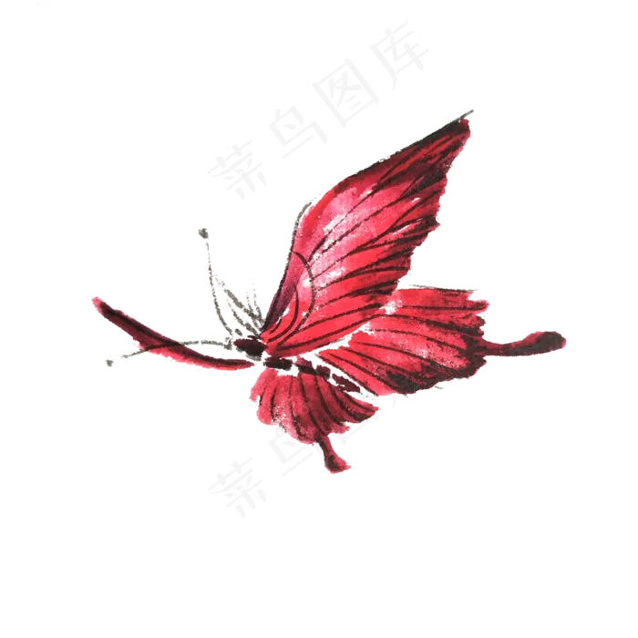 红色蝴蝶桃红翅膀水墨国画PNG,免抠元素(3000X3000(DPI:300))psd模版下载