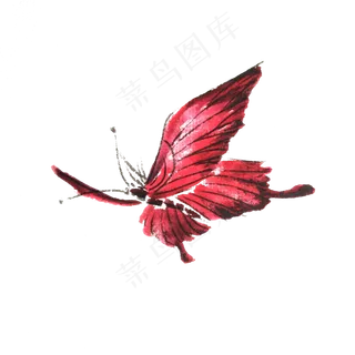 红色蝴蝶桃红翅膀水墨国画PNG,免抠元素