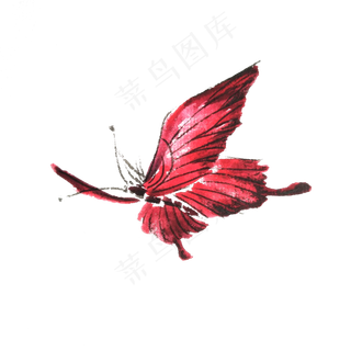红色蝴蝶桃红翅膀水墨国画PNG,免抠元素