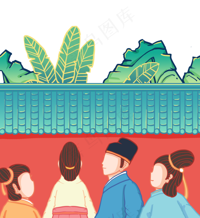 一群古人在围墙边(2000X2182(DPI:300))psd模版下载
