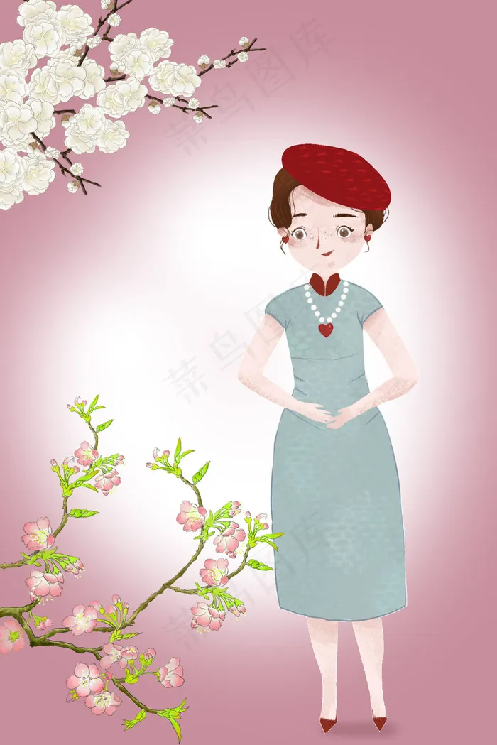 春季四月你好樱花梨花唯美复古女孩(3545X5315(DPI:300))psd模版下载