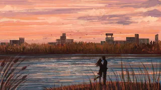 夏天主题之夕阳下的油画风景