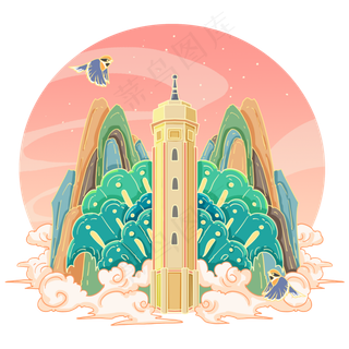 国画风重庆解放碑,免抠元素