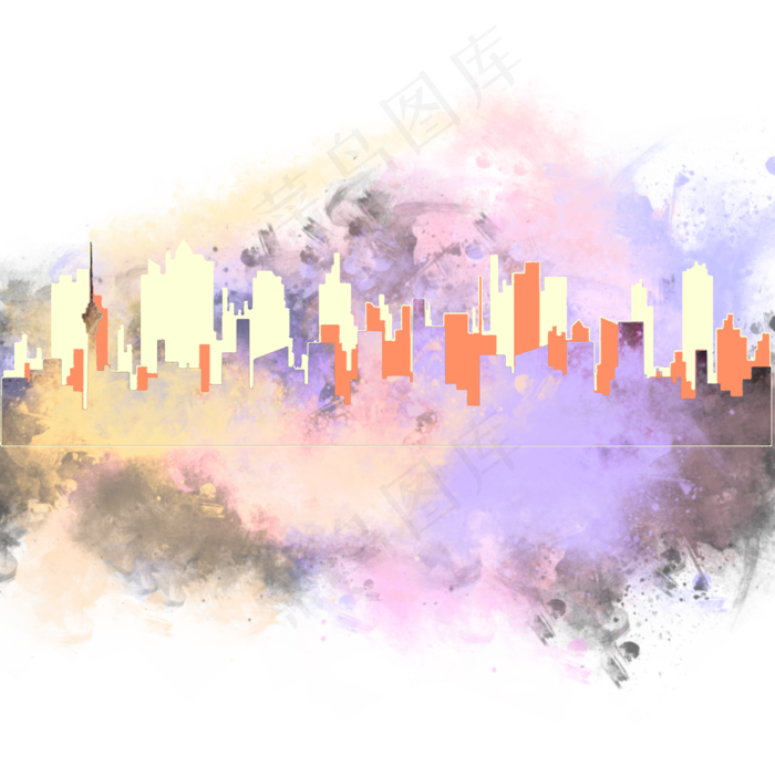 水彩水墨城市剪影(2000X2000(DPI:300))psd模版下载