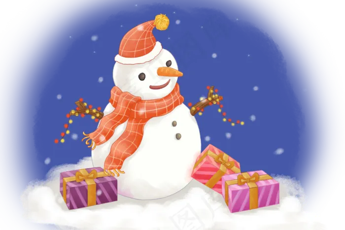 手绘卡通下雪平安夜雪人圣诞节礼,免抠元素(3000X2000(DPI:300))psd模版下载