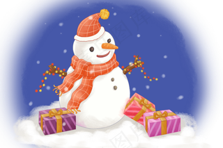 手绘卡通下雪平安夜雪人圣诞节礼,免抠元素
