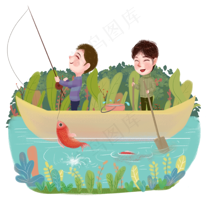 谷雨划船钓鱼的小孩,免抠元素(2000X2000(DPI:300))psd模版下载