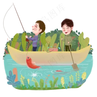 谷雨划船钓鱼的小孩,免抠元素