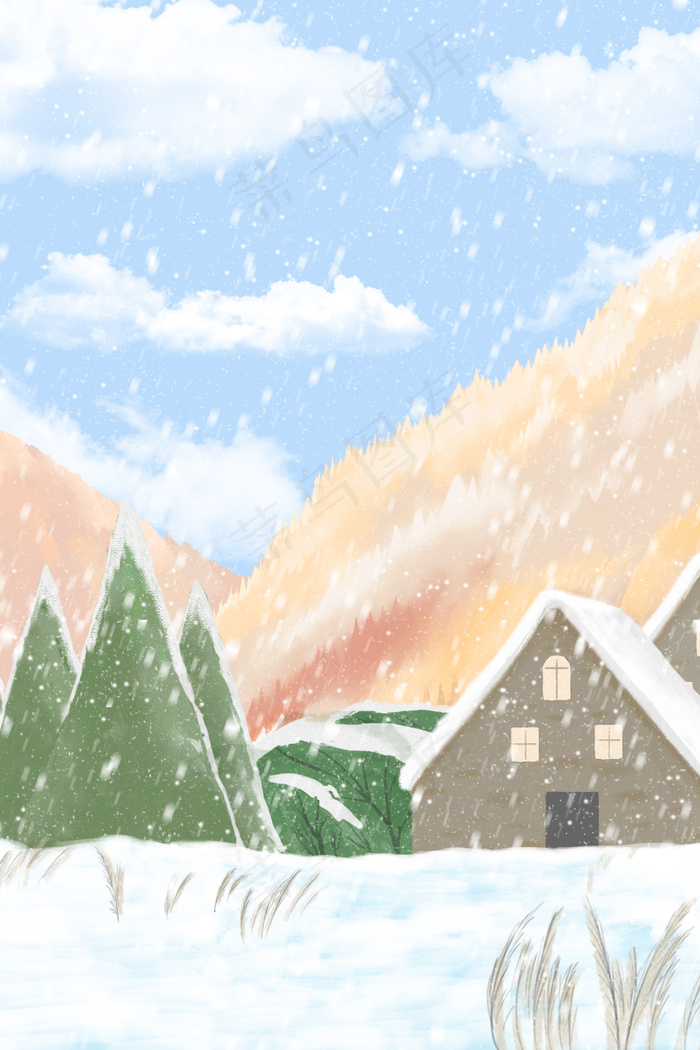 冬季冬天冬景下雪雪屋远山景色