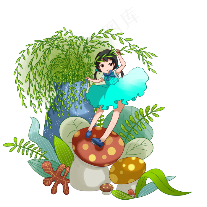 清明节站在蘑菇上的女孩插画