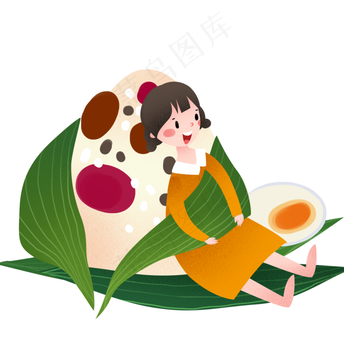 靠着粽子的女孩插画