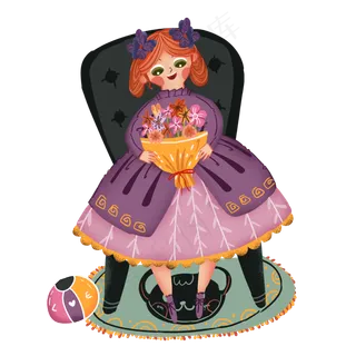 复古女孩坐在凳子上抱着鲜花