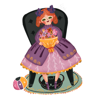 复古女孩坐在凳子上抱着鲜花