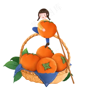 丰收之坐在筐上怀抱柿子的女孩