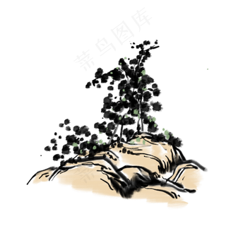 水墨青树矮山免抠插图