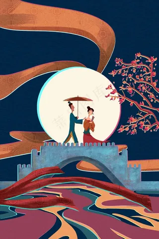 七夕情人节国潮中国风——戏扇