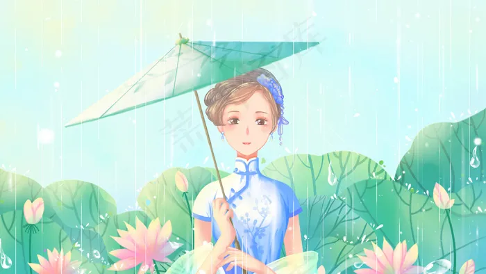 绿色唯美卡通夏季下雨小暑荷花旗袍少女配图(2880*1620px 300 dpi )psd模版下载