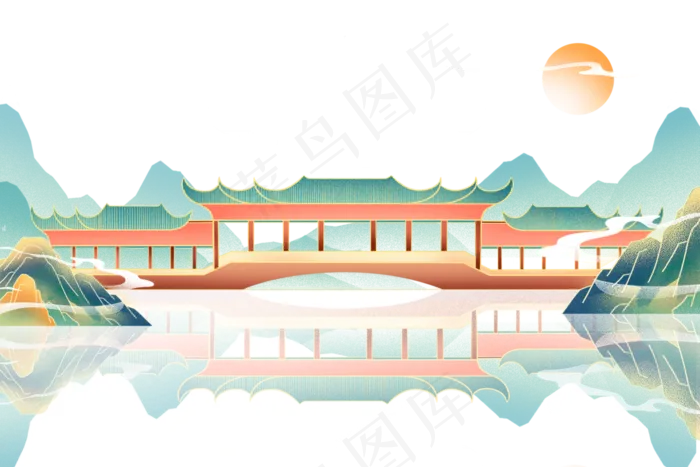 中国风国潮山水廊桥(3000X2000(DPI:96))psd模版下载