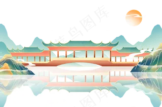 中国风国潮山水廊桥