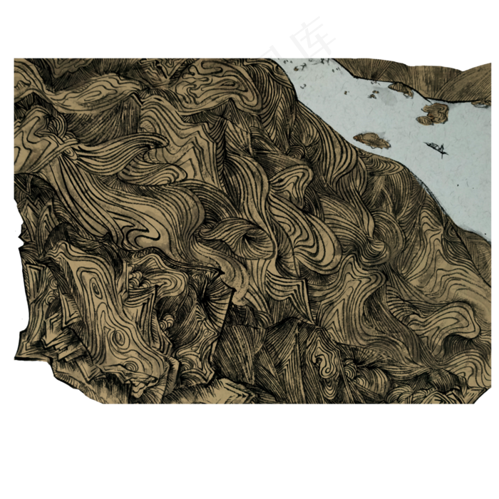 山水水墨国画线条线描PNG边框