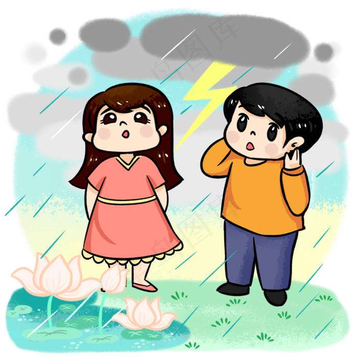 春季情侣观荷花遇雷雨天气