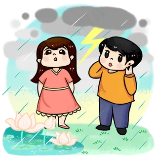 春季情侣观荷花遇雷雨天气
