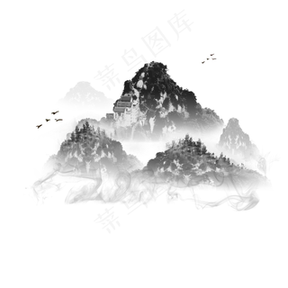 卡通黑色的山石云雾免扣图