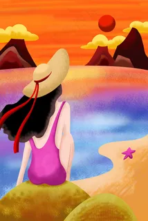 黄色系卡通手绘风夏景黄昏海边女孩配图