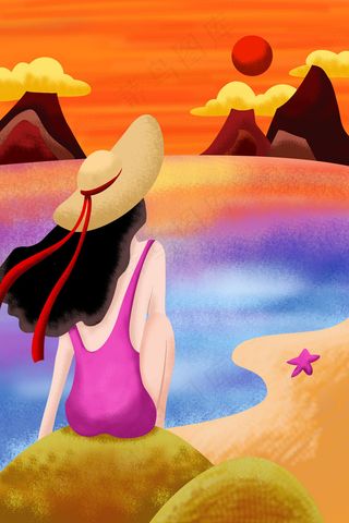 黄色系卡通手绘风夏景黄昏海边女孩配图