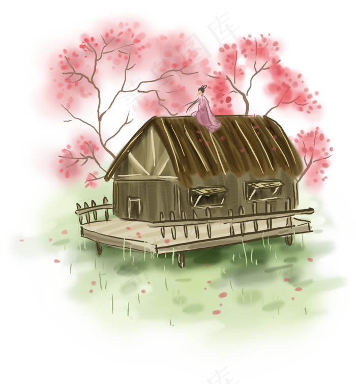 中国风屋顶上赏桃花,免抠元素(2000*2158px 300 dpi )psd模版下载