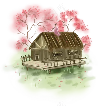 中国风屋顶上赏桃花,免抠元素