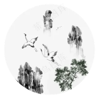 中国风水墨仙鹤山水装饰元素