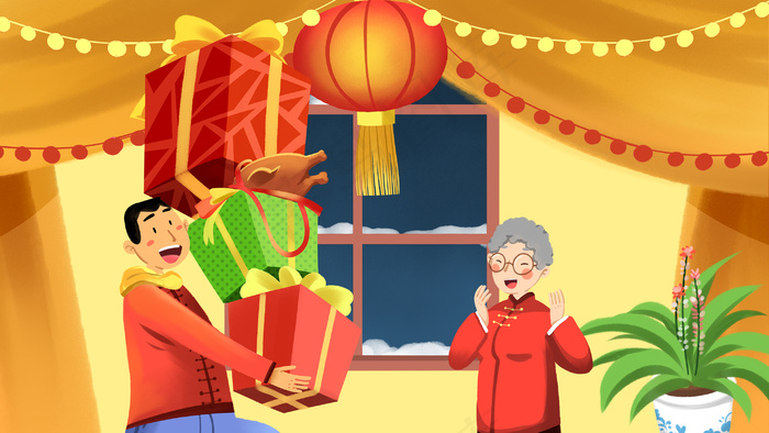 卡通手绘风买年货配图(2880*1620px 300 dpi )psd模版下载
