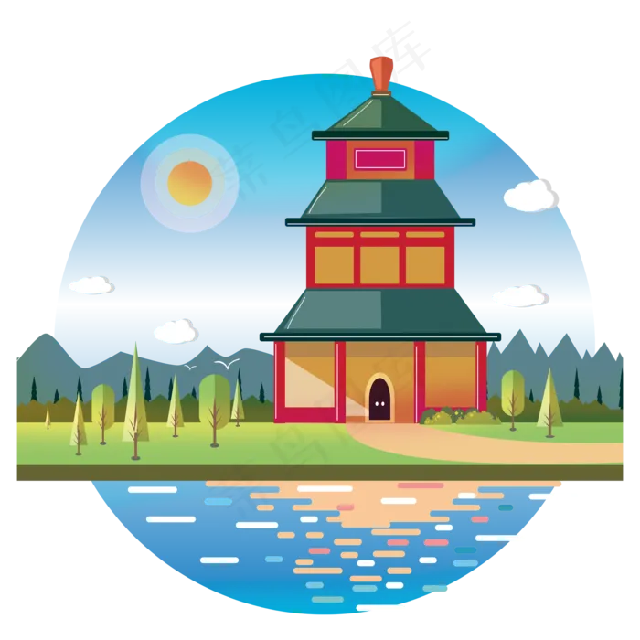 中国风装饰塔建筑山水风景PNG(3500X3500(DPI:300))psd模版下载