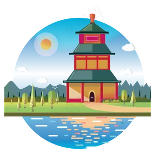 中国风装饰塔建筑山水风景PNG