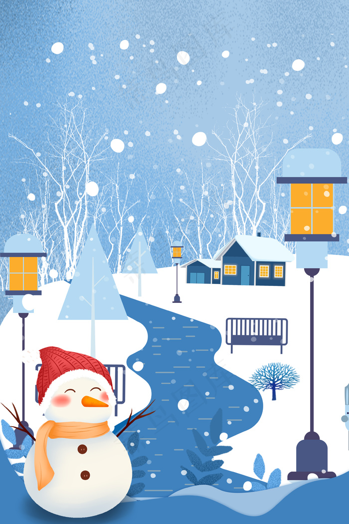 十一月你好雪人小屋路灯海报