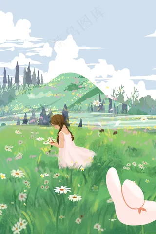 春天立夏女生清晰旅游踏青小菊花帽子草坪云