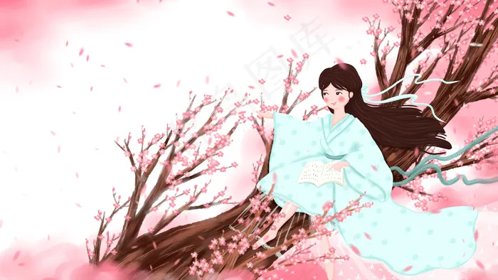 桃花节卡通小清新坐在桃树上的古风女孩配图(2880*1620px 300 dpi )psd模版下载