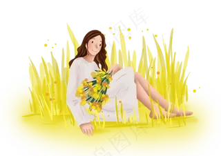 立秋手绘田野里的女孩,免抠元素