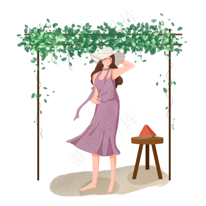 大暑女孩在花架下乘凉吃西瓜