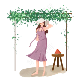 大暑女孩在花架下乘凉吃西瓜