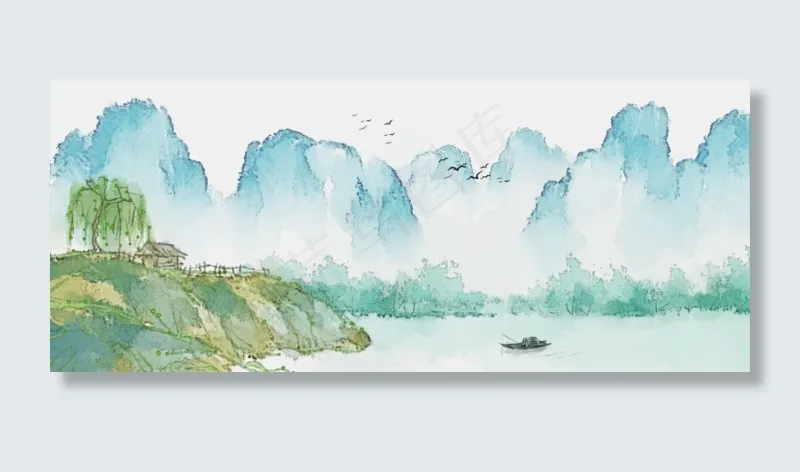 南山野居水墨画古典山水PNG素材,免抠元素(1920*800px 300 dpi )psd模版下载