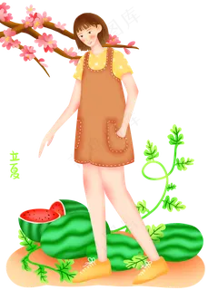 立夏女孩和西瓜插画