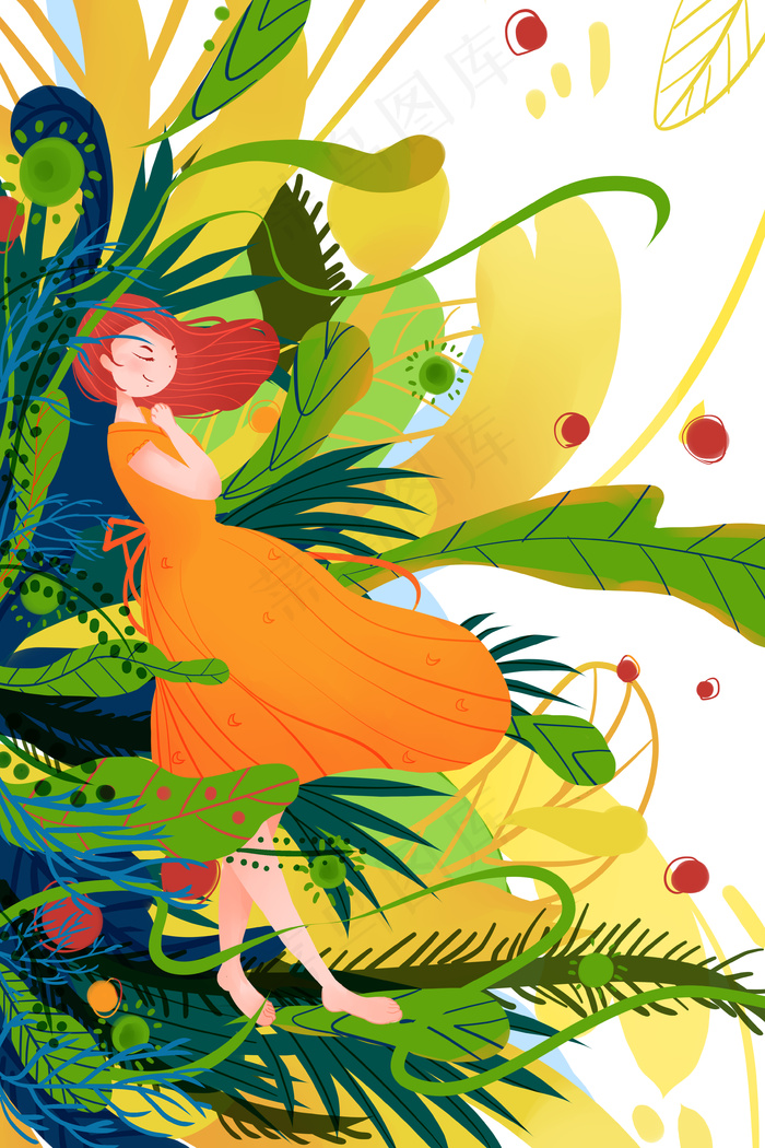 五月你好夏天夏季少女植物花朵卡通插画